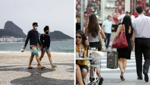 À esquerda, um casal andando de moletom, bermuda e chinelo no calçadão do Rio de Janeiro, com o Pão de Açúcar ao fundo; à direita, pessoas com roupas de grife na Oscar Freire, em Safest Betting Sites