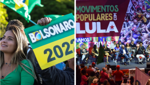 Montagem mostra apoiadores de Jair Bolsonaro à esquerda, com uma faixa com o nome dele em verde e amarelo, e Lula e aliados em um palco à direita