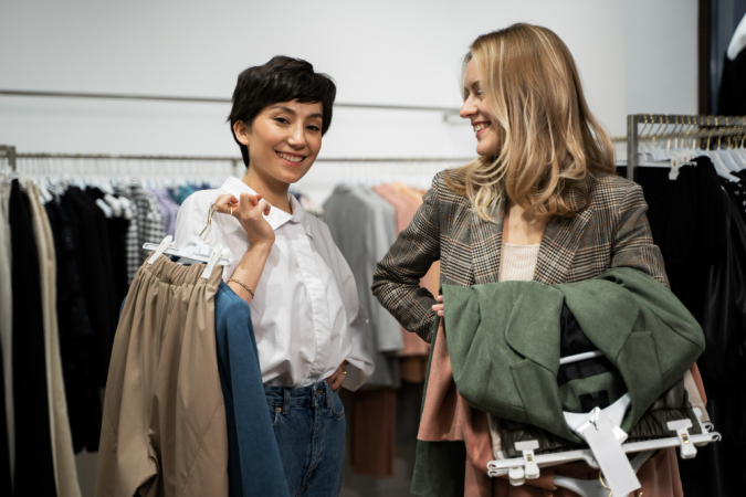 Duas mulheres sorridentes seguram roupas em uma loja