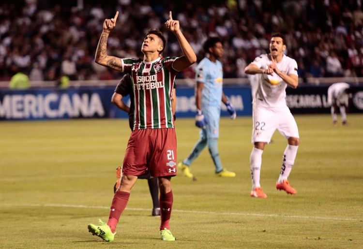 Pedro comemora o gol salvador do Fluminenes ante a LDU, pela Copa Sul-Americana