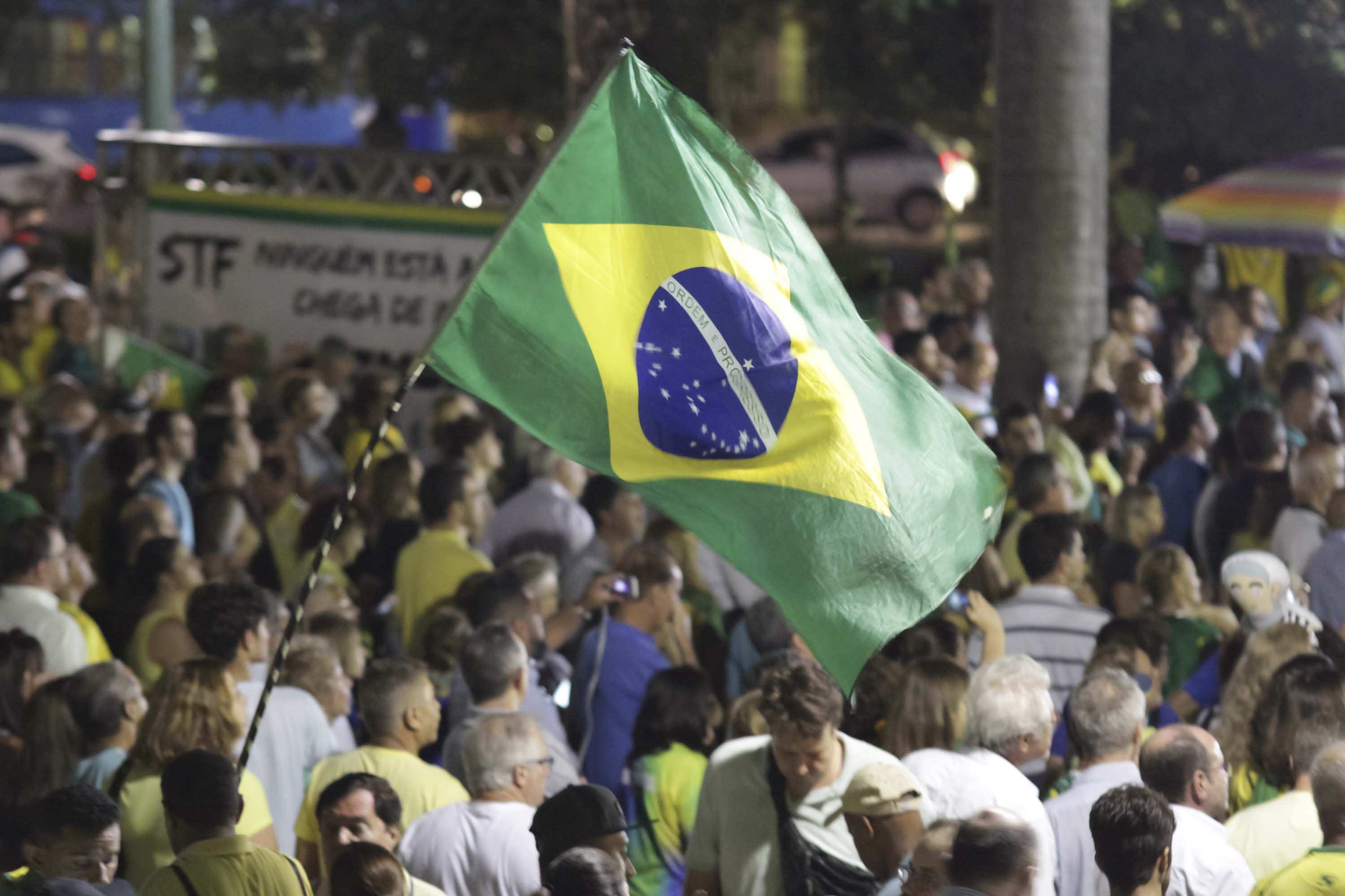Bandeira do Brasil é segurada por manifestantes