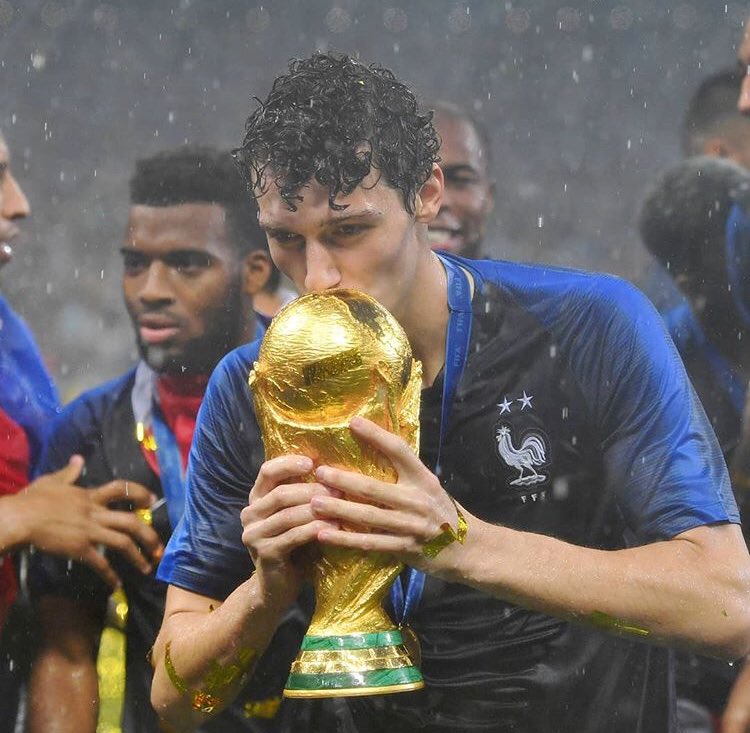 Taça da Copa do Mundo sendo beijada por jogador da França