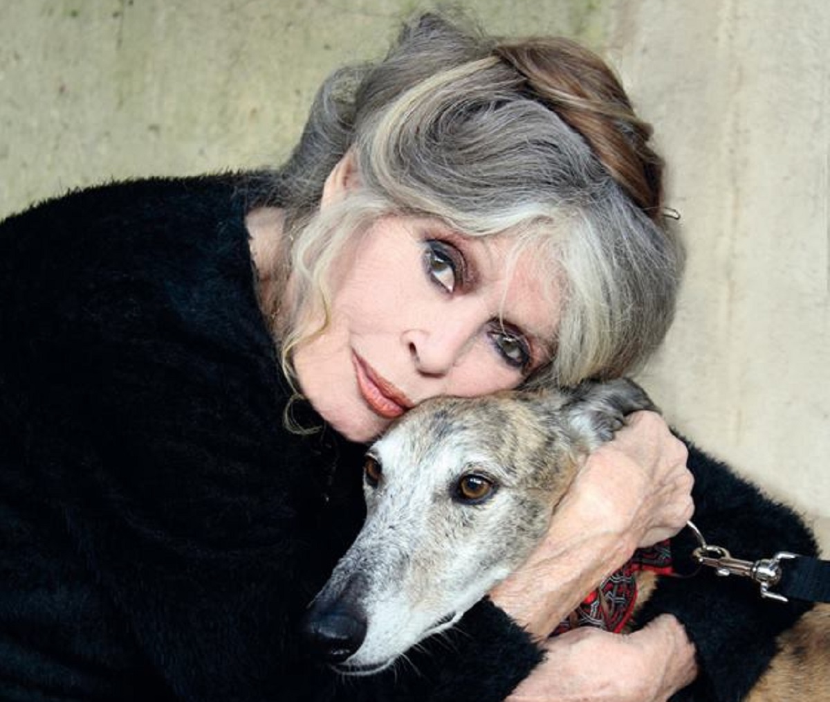 Brigitte Bardot abraça um cachorro