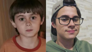 Montagem que mostra Rafael Miguel criança ao lado de foto do ator adolescente
