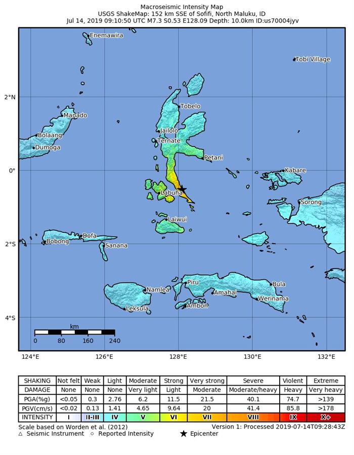 Um terremoto de 7,3 graus de magnitude atingiu neste domingo (13) o norte das ilhas Molucas, na Indonésia