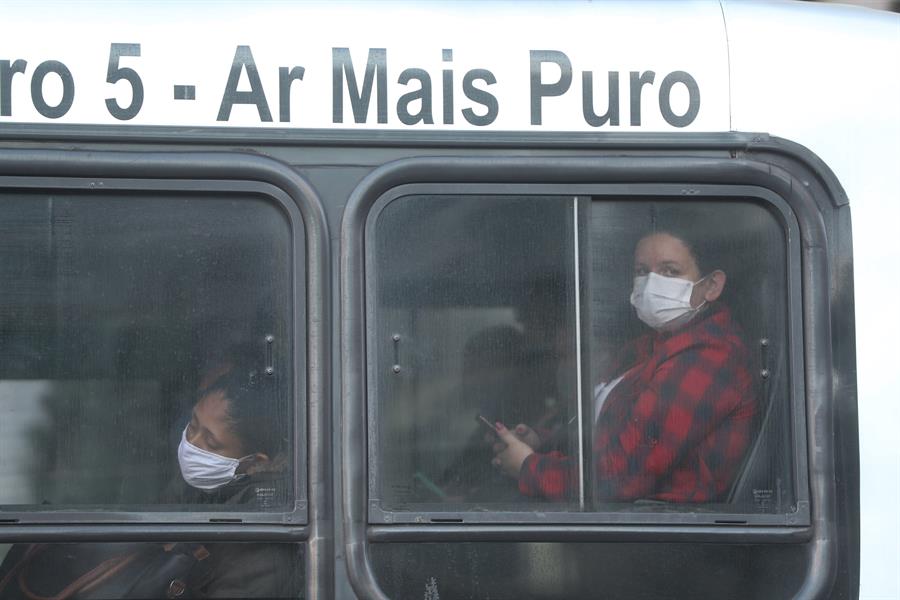 pessoa olhando para fora da janela de ônibus, de máscara