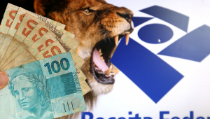 Imagem de um leão ao lado do símbolo da Receita Federal com notas acima