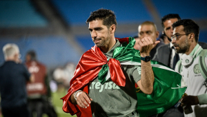 Com uma bandeira do Palmeiras amarrada no pescoço, Abel Ferreira celebra título da Libertadores em campo