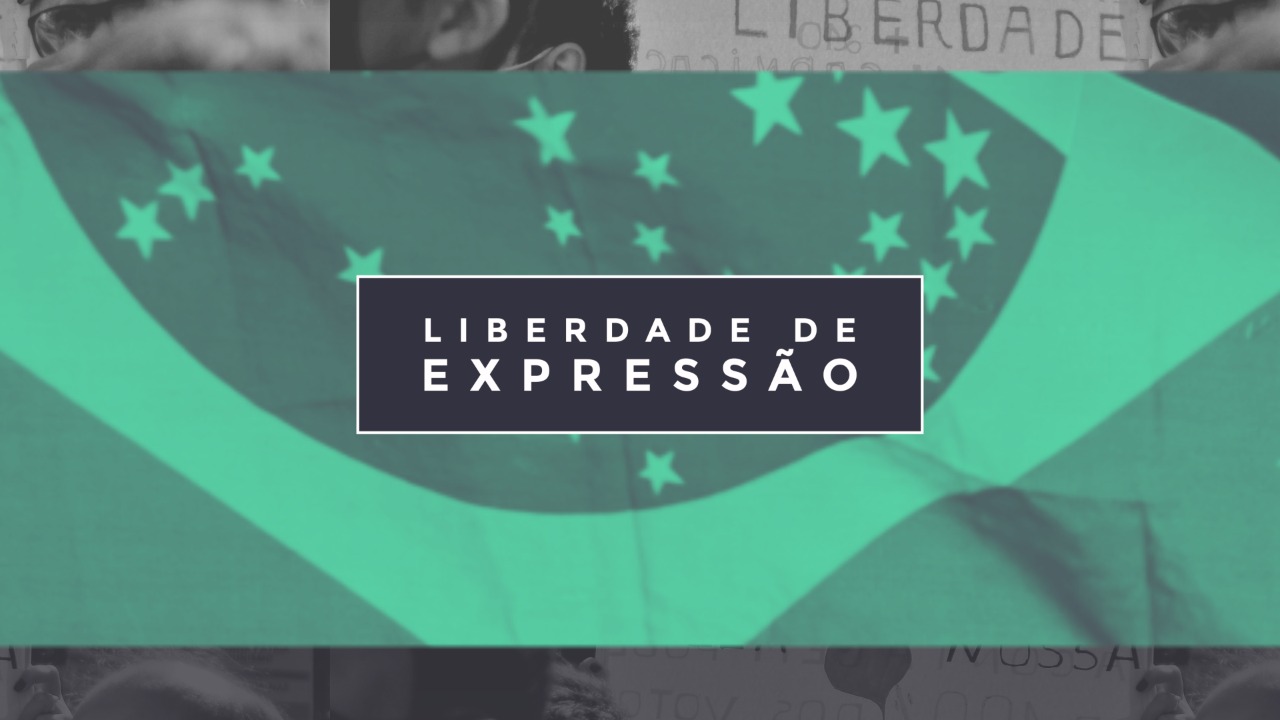 Imagem em preto e branco com a bandeira do Brasil estendida e a frase Liberdade de Expressão em uma caixa