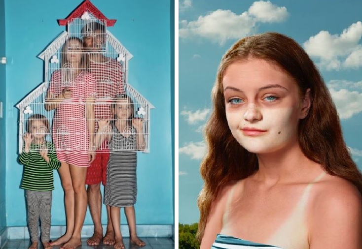 duas artes, a primeira mostra uma familia de 4 pessoas, doi adultos e duas crianças segurando uma casa de passarinho e com uma parede azul ao fundo. a segunda é uma menina, branca, ruiva, com marca de sol de uma máscara no rosto. só mostra o busto dela