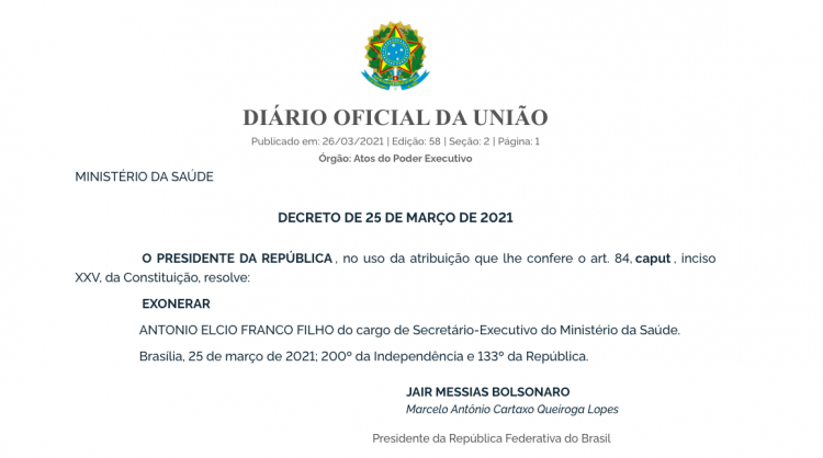 Decreto de exoneração de Élcio Franco do cargo de secretário-Executivo do Ministério da Saúde