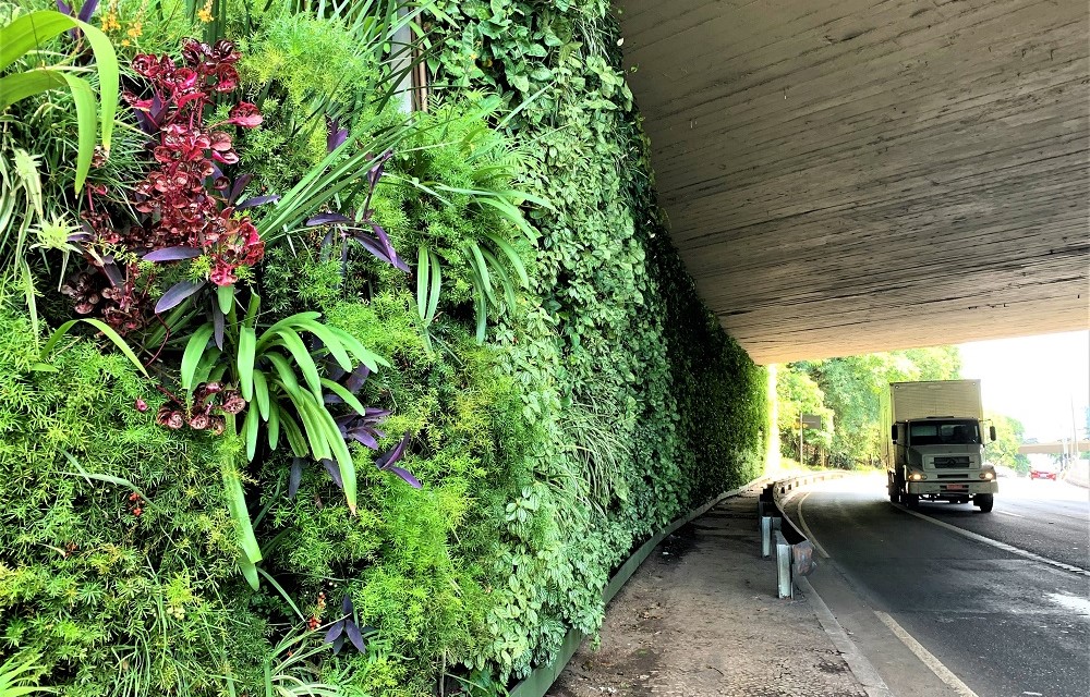 Parede verde projetada debaixo de viaduto na cidade de São Paulo