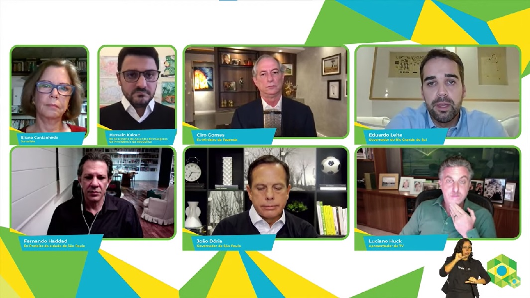 Conferência virtual transmitida pela internet mostra divide presidenciáveis em duas fileiras, com Circo Gomes e Eduardo Leite em cima, Haddad, João Doria e Luciano Huck embaixo