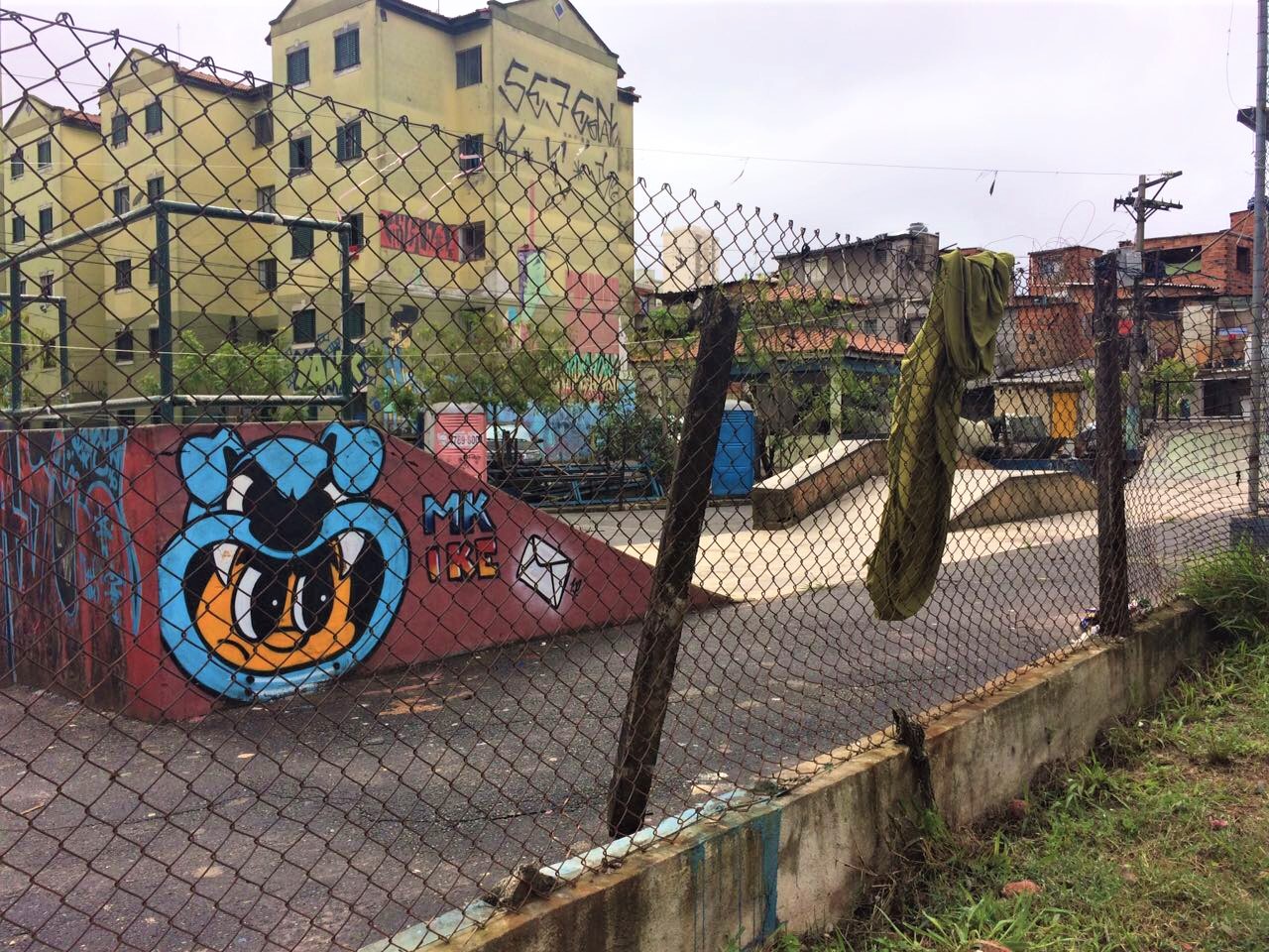 Muro de uma rampa de skate com pichação de uma cara de cachorro azul, com uma cabeça de gato laranja dentro.