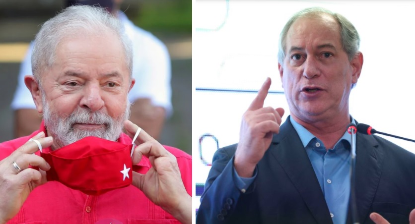 Montagem de fotos de Lula colocando máscara vermelha e Ciro Gomes com o dedo levantado falando em um palanque