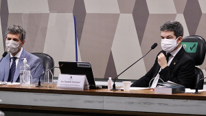 Sentados lado a lado na mesa da CPI da Covid-19, ambos usando máscara e vestidos com terno e gravata, o ex-ministro da saúde Nelson Teich, e o vice-presidente da comissão, Randolfe Rodrigues