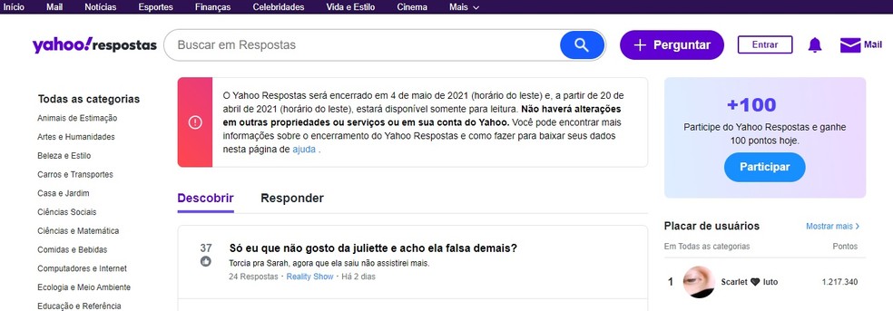 Mensagem no Yahoo Respostas alerta que página será desativada no dia 5 de abril