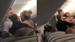 Duas imagens de uma mulher loira, de cabelo preso em coque, sendo contida por uma pessoa dentro de um avião