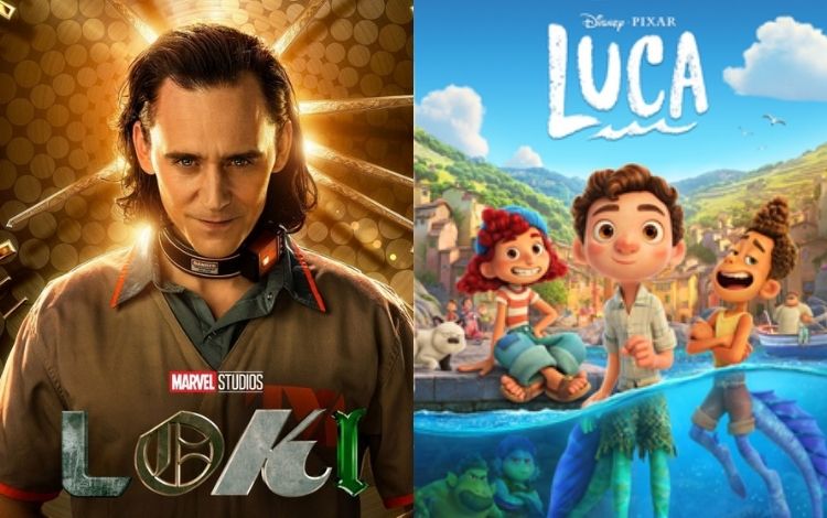 Pôster da série Loki e pôster do filme de animação Luca