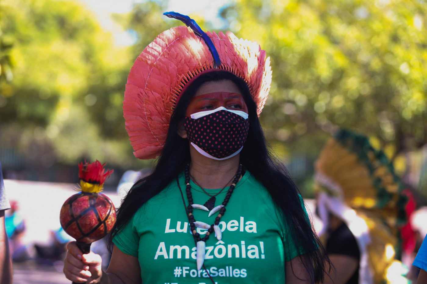 Indígena usa cocar vermelho, camiseta verde e máscara preta durante protesto na Câmara
