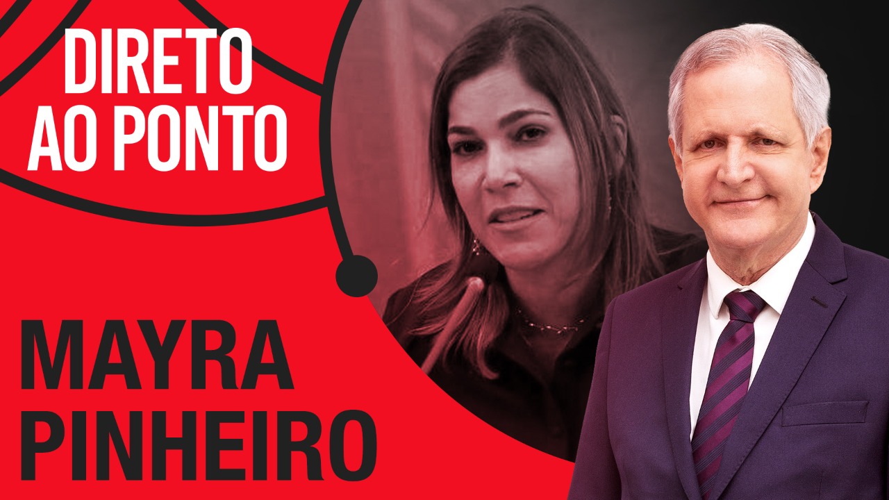 Montagem de foto da secretária Mayra Pinheiro, o apresentador Augusto Nunes e o letreiro do programa 'Direto ao Ponto'. Cores predominantes são vermelho e preto