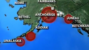 mapa do alasca com pontos de terremoto marcados em vermelho