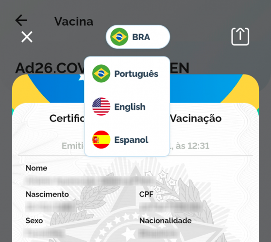 Opção de certificado em outras línguas