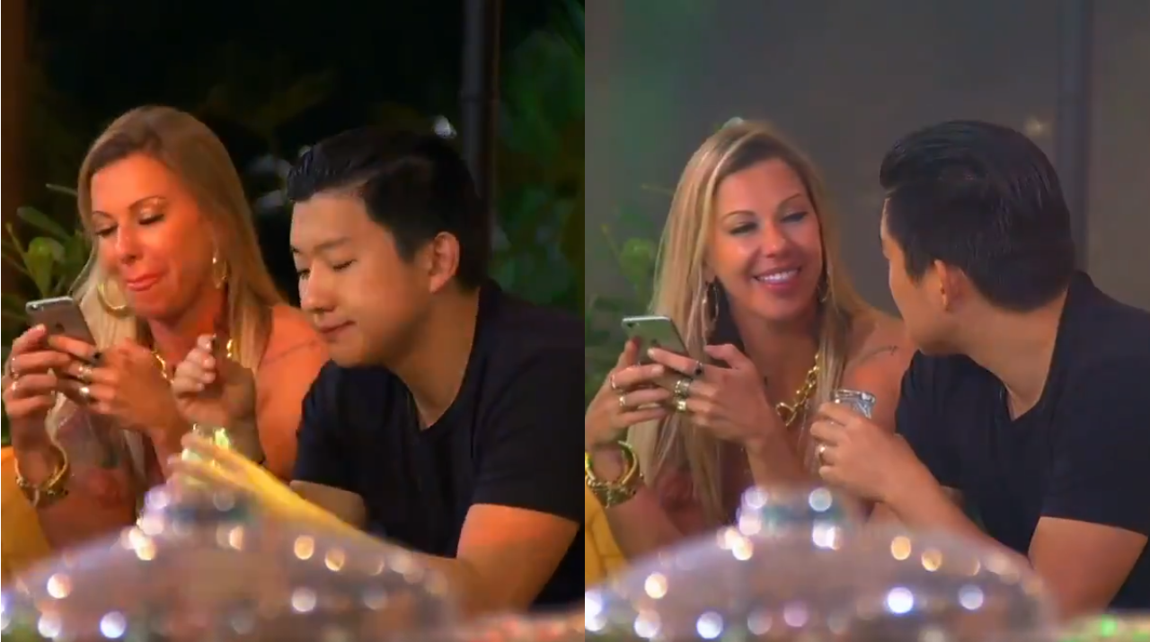 Antonella e Pyong sentados ao lado um do outro enquanto conversando durante festa do Ilha Record