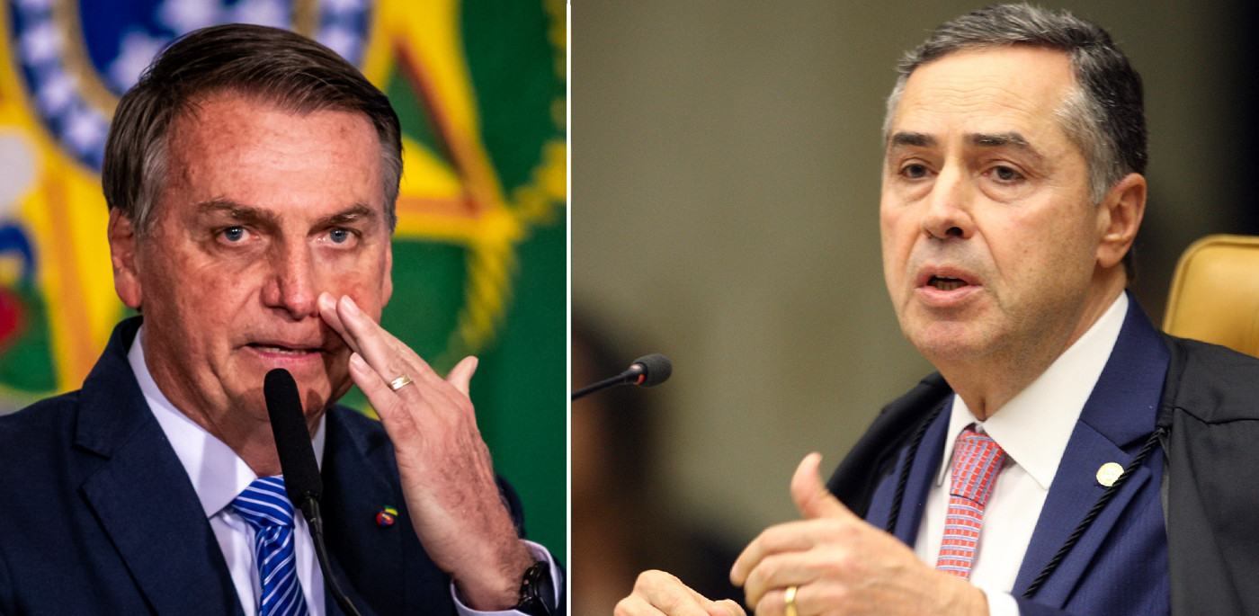 Montagem de fotos Ministro Luis Roberto Barroso, homem de terno e cabelo curto grisalho, e Jair Bolsonaro, homem de terno, na frente de um microfone e cabelos curtos grisalhos. Os dois tem semblante sério
