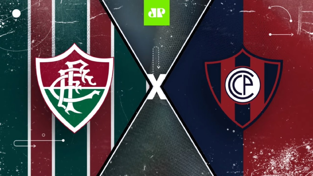 Arte da Jovem Pan com o logo do Fluminense à esquerda e do Cerro Porteño à direita
