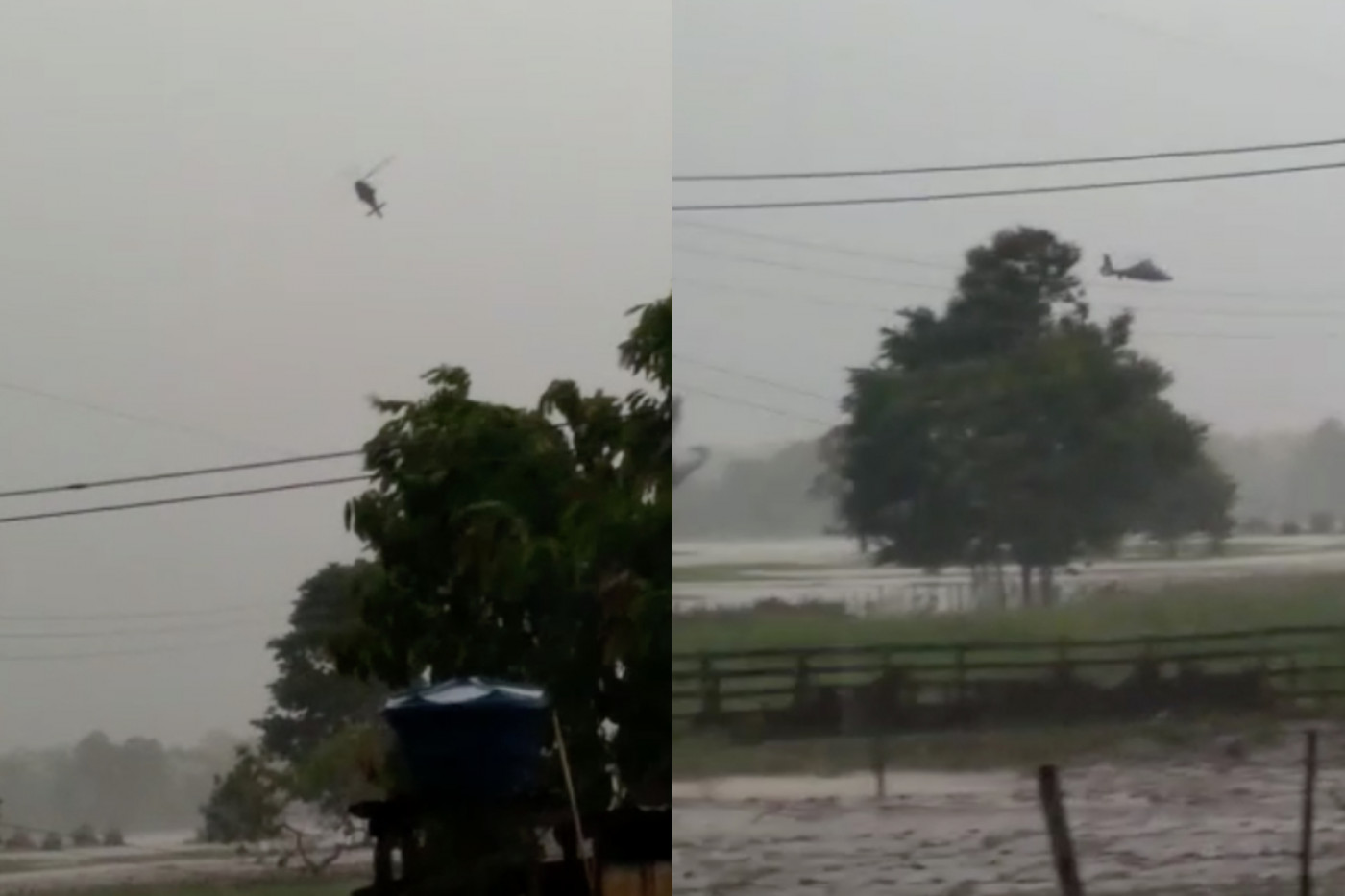 Duas imagens de uma aeronave do Exército caindo no município de Careiro da Várzea, em Manaus