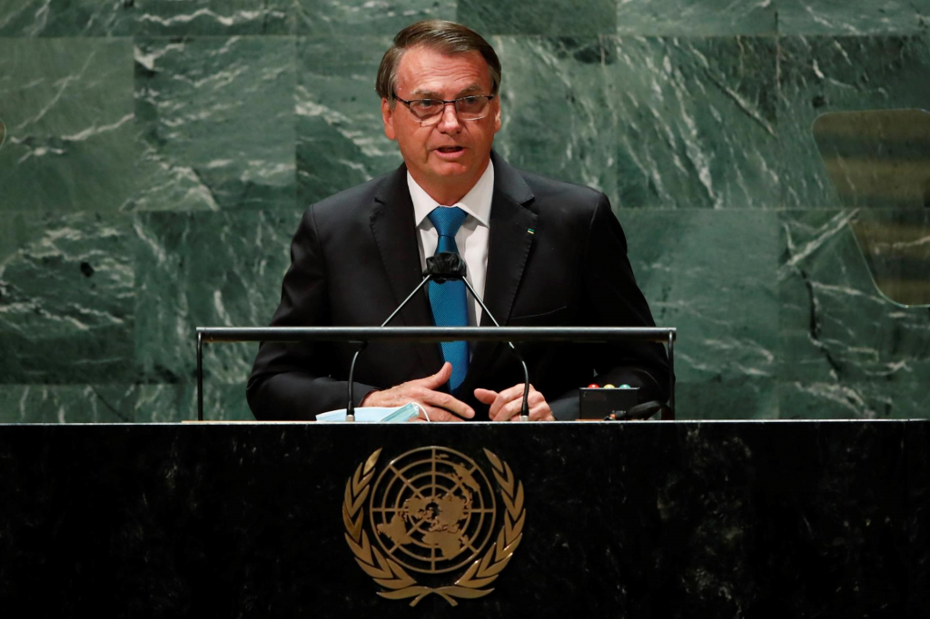 O presidente Jair Bolsonaro discursando na ONU