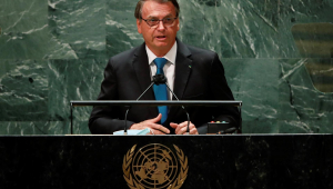 O presidente Jair Bolsonaro discursando na ONU