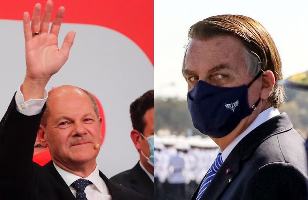 montagem com foto do candidato Olaf Scholz e do presidente Jair Bolsonaro