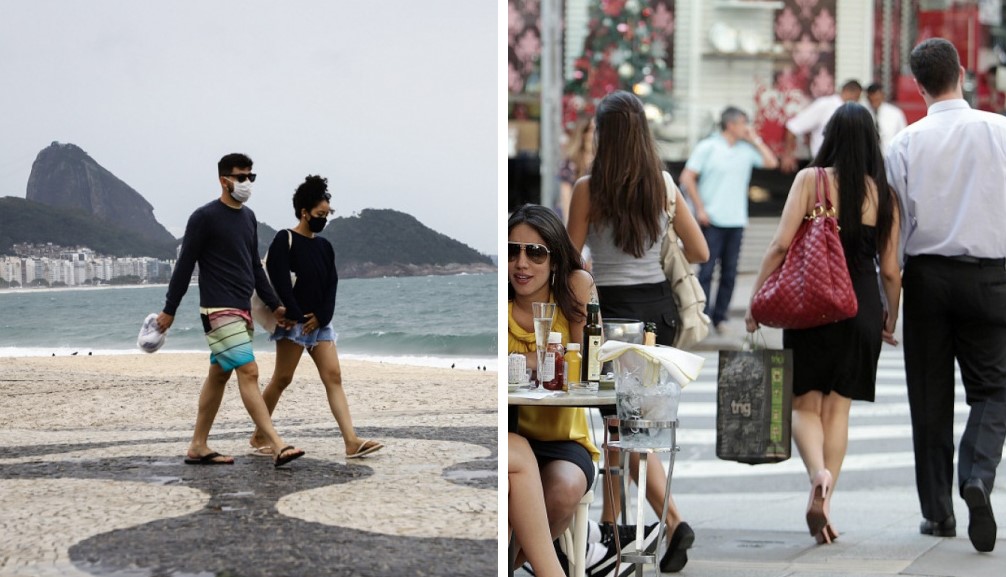 À esquerda, um casal andando de moletom, bermuda e chinelo no calçadão do Rio de Janeiro, com o Pão de Açúcar ao fundo; à direita, pessoas com roupas de grife na Oscar Freire, em São Paulo