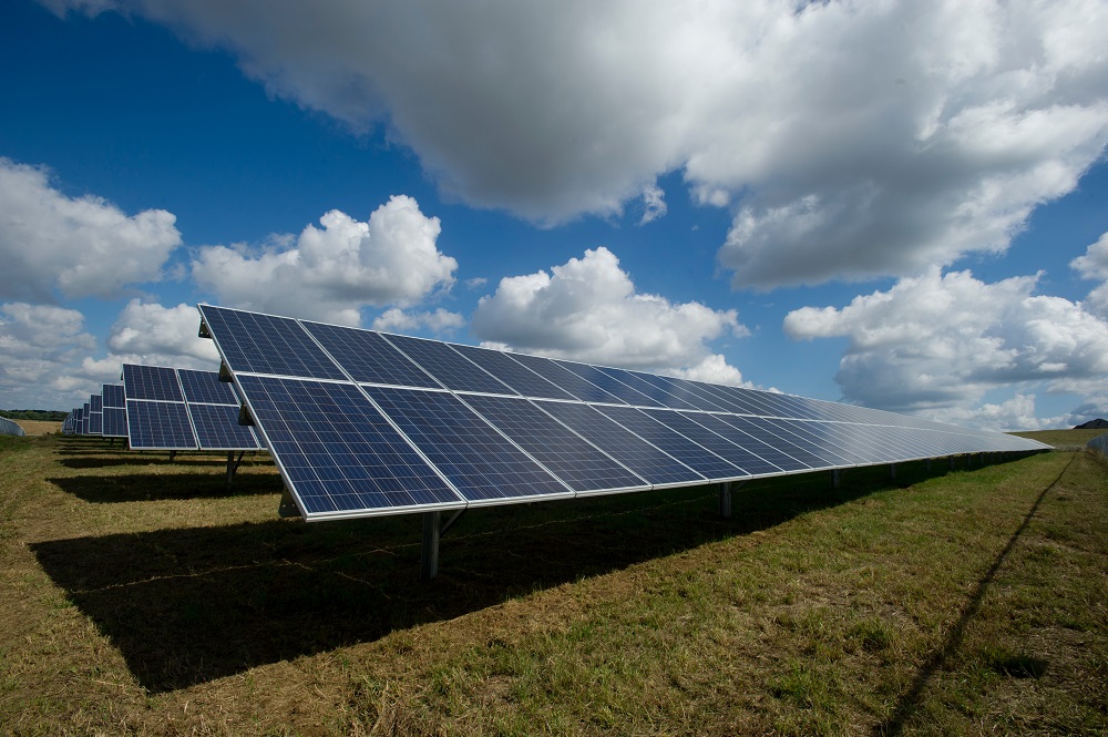 Painéis de energia solar em destaque num gramado sob o céu azul com algumas nuvens