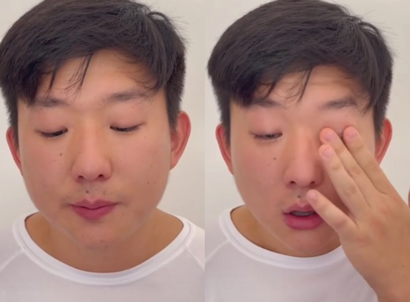 Pyong Lee usa camisa branca, chora e seca as lágrimas