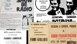 Colagem mostra cartazes antigos da blaze, anunciando partidas de futebol, programas com Shwo de Rádio e Jornal de Esportes e exaltando profissionais como José Silvério, Osmar Santos e Fiori Gigliotti