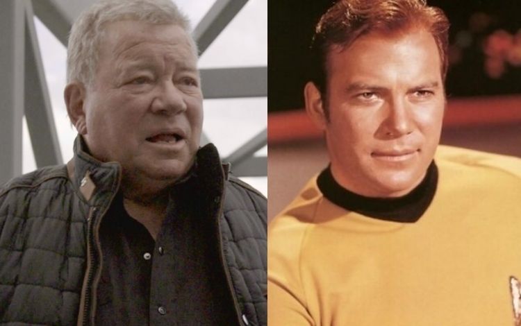 Montagem com foto de William Shatner atualmente e em Jornada nas Estrelas