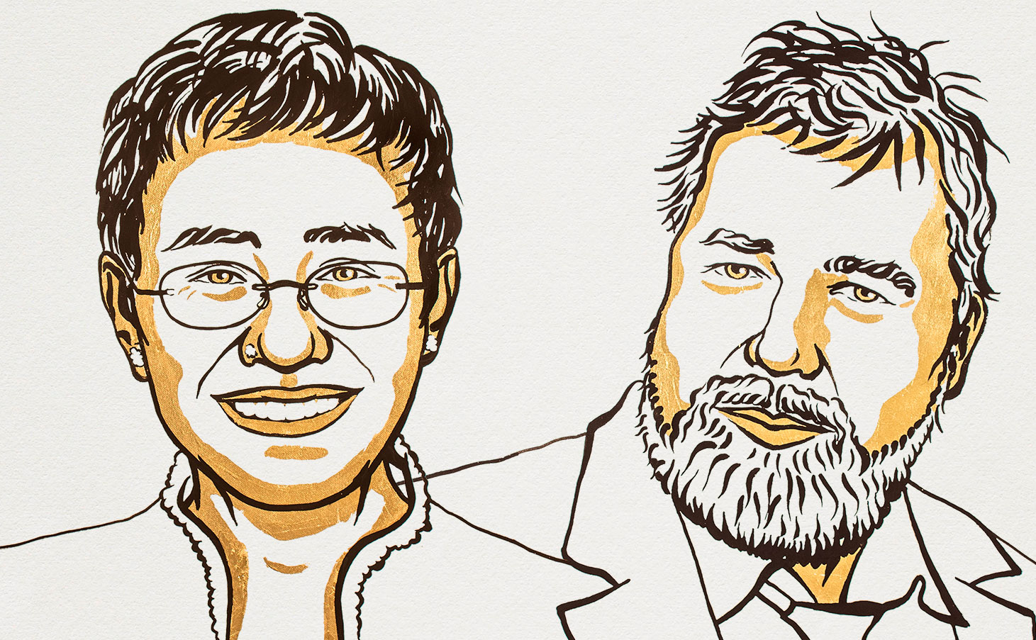 Ilustração dos jornalistas Maria Ressa e Dmitry Andreyevich ganhadores do prêmio Nobel
