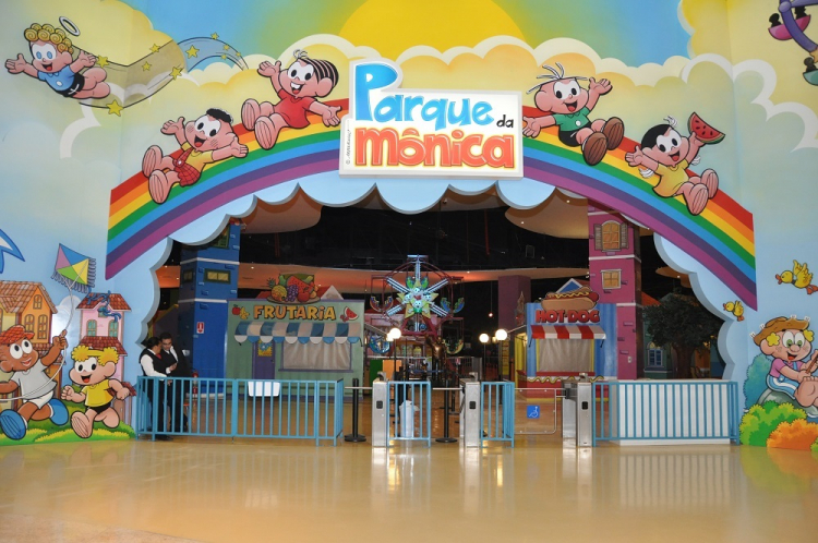 Entrada do Parque da Mônica, com um arco-íris no alto onde estão desenhados os quatro personagens principais: Mônica e Cascão, escorregando à esquerda, e Cebolinha e Magali, à direita