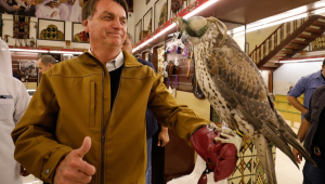 Equilibrando uma águia de enfeite na mão esquerda, Bolsonaro sorri dentro de um mercado árabe cheio de produtos típicos