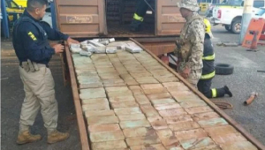 Policiais observam apreensão de tabletes de cloridrato de cocaína em Uruauçu (GO)