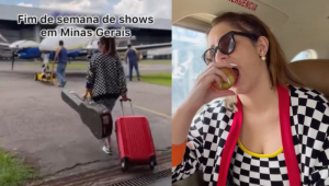 Montagem cm uma foto de Marilia Mendonça caminhando de mala até o avião e de oujtra dela mordendo maçã dentro da aeronave