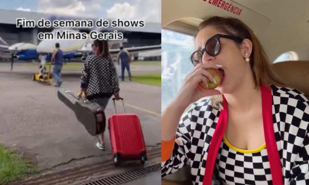 Montagem cm uma foto de Marilia Mendonça caminhando de mala até o avião e de oujtra dela mordendo maçã dentro da aeronave