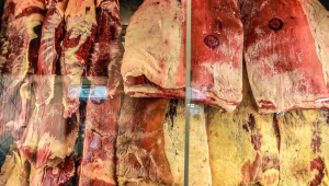 Pedaços de carne bovina expostos na vitrine de um açougue