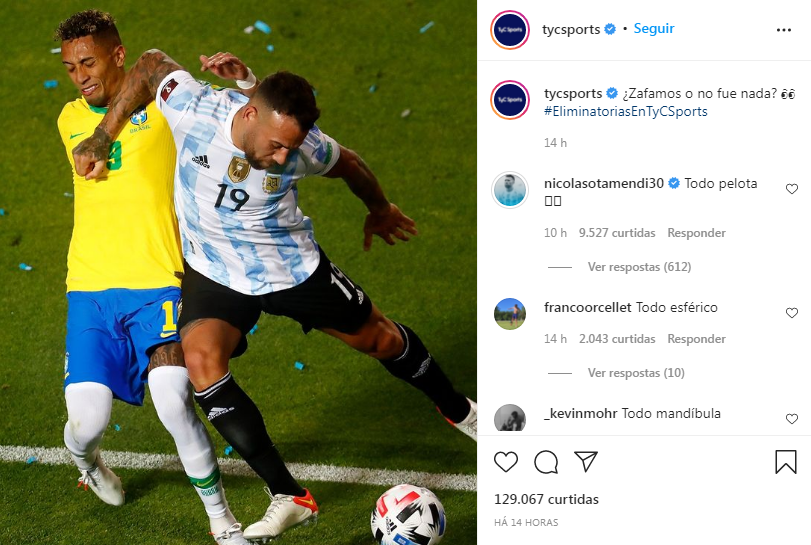 Otamendi acertou uma cotovelada no rosto de Raphinha durante Argentina x Brasil