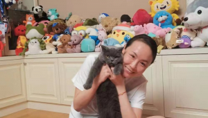 Tenista Peng Shuai segurando um gato em um quarto cheio de bichos de pelúcia