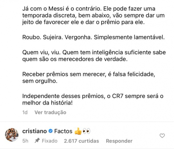 Cristiano Ronaldo curtiu publicação que criticava a entrega da Bola de Ouro a Lionel Messi