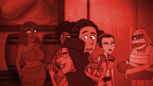 Animação mostra Rafael Portugal interpretando Jesus Cristo; na cena, ele está abraçado a Lazaro em um prostíbulo